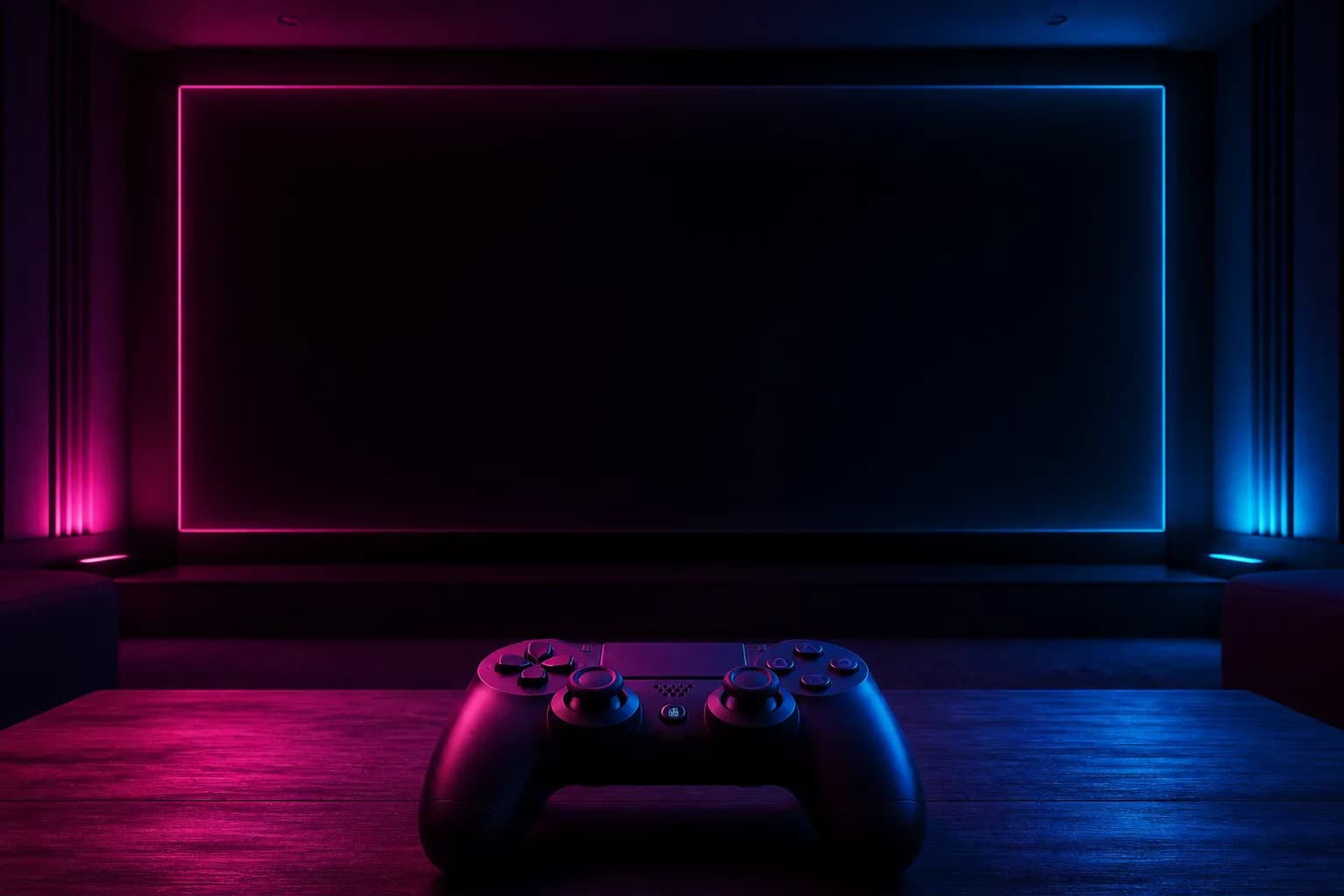 A game controller resting before a huge dark screen glowing faintly at its edges, waiting for GTA 6's gameplay reveal.
