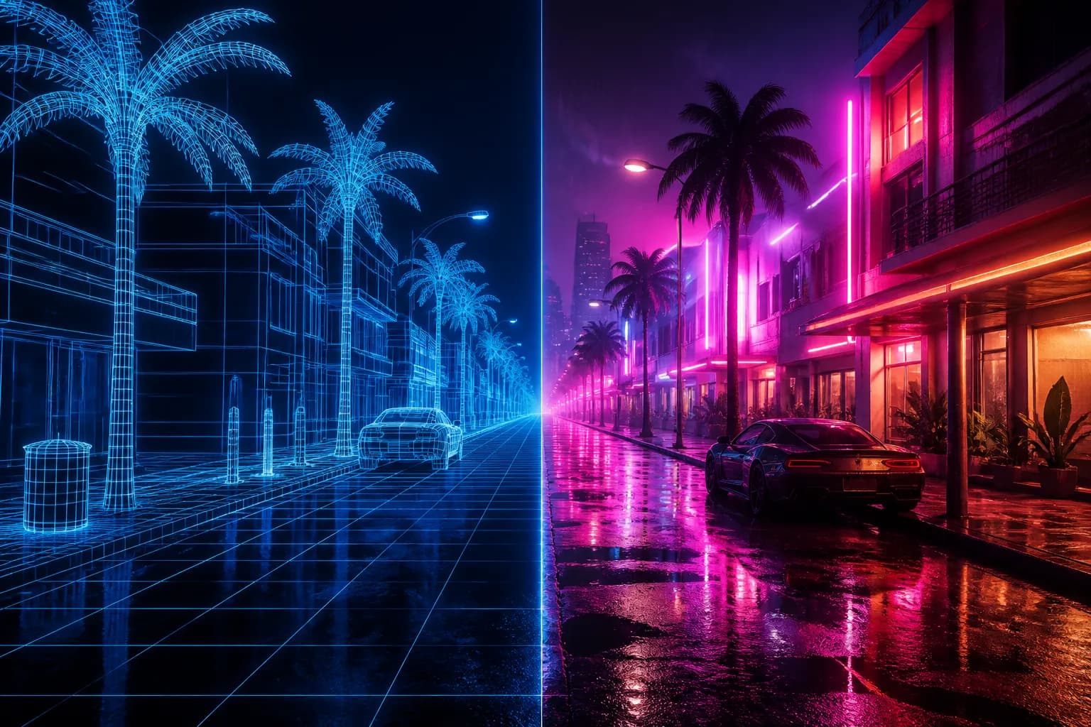 A street scene split down the middle, one half glowing wireframe and one half fully lit neon reality, GTA 6's graphics leap.