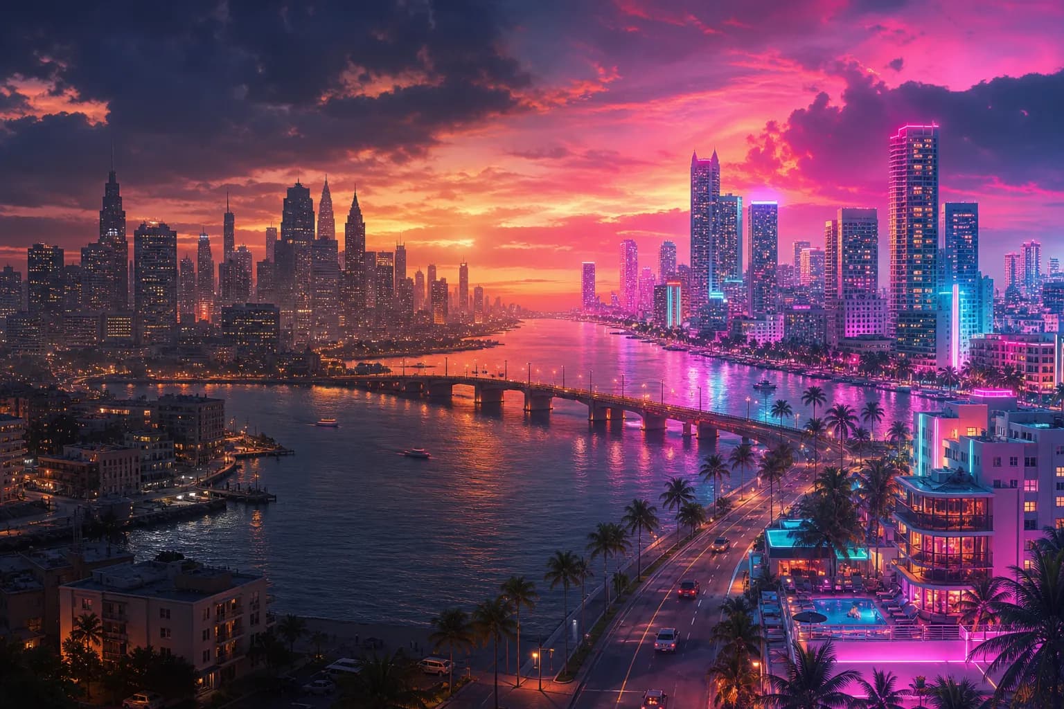 Two city skylines joined by a bridge at dusk — an older metropolis and a neon Vice City — representing GTA Online continuing alongside GTA 6.