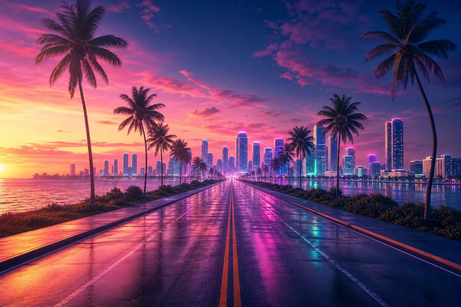 A long straight coastal road at dawn stretching toward a distant glowing Vice City skyline, capturing the wait for GTA 6.