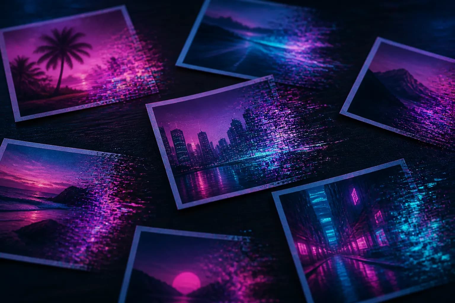 Scattered glitching photo prints on a dark table, some dissolving into static, the fake GTA 6 image flood.