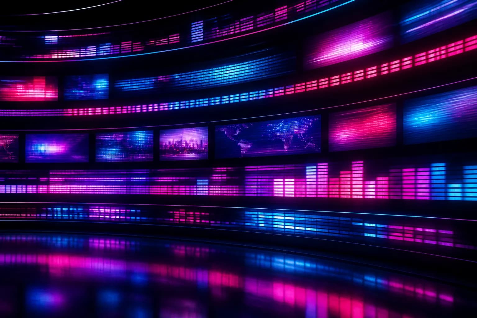 Rows of abstract glowing ticker bars streaming across a dark newsroom wall in neon, the GTA 6 leak news feed.