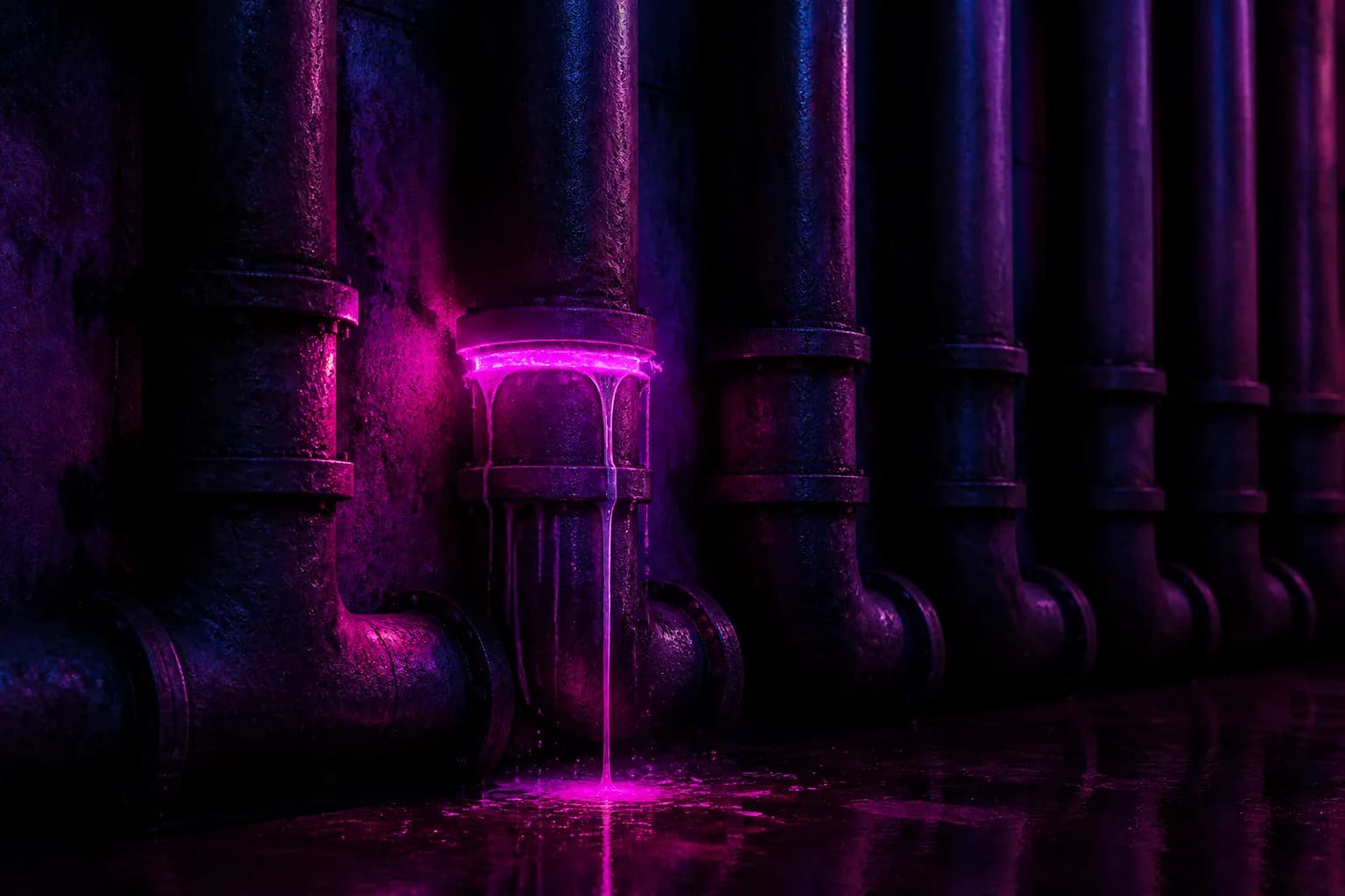 A row of old pipes along a dark wall, one seam glowing and dripping neon light, the GTA 6 leak history.