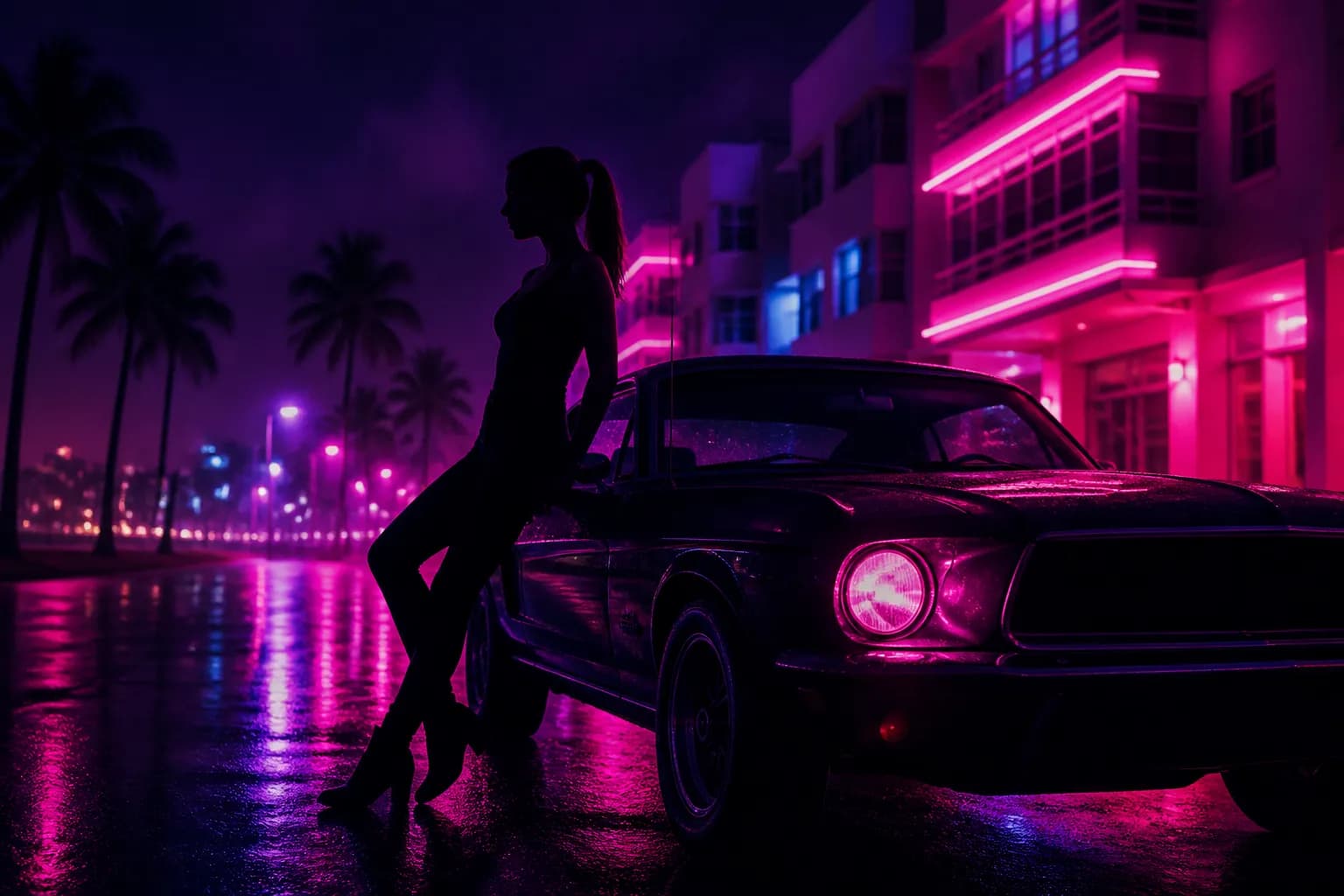 A silhouetted woman leaning against a car under magenta neon on a Vice City street at night, evoking GTA 6's Lucia.