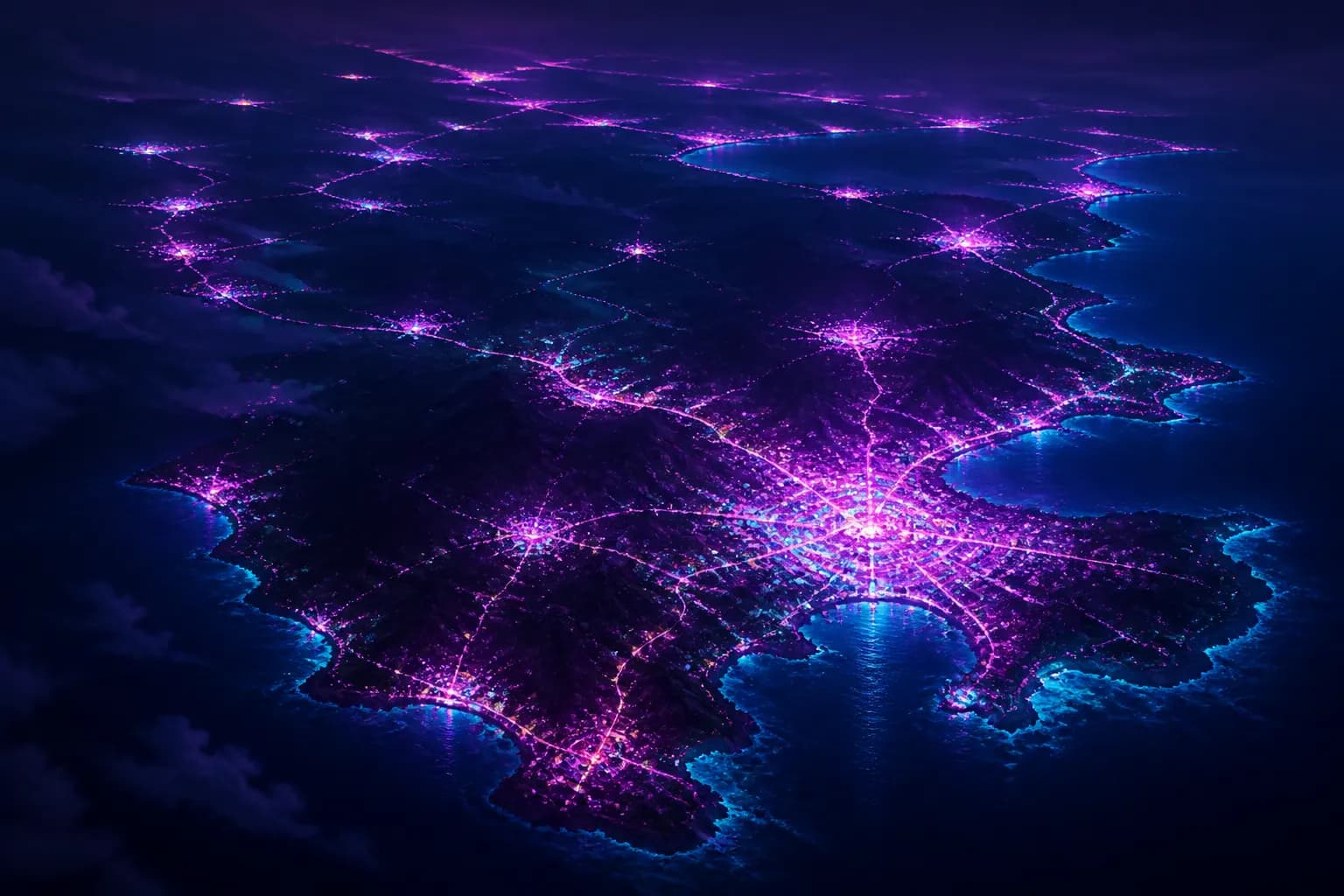 Clusters of glowing settlements scattered across a dark neon state seen from above at night, the cities of GTA 6's Leonida.