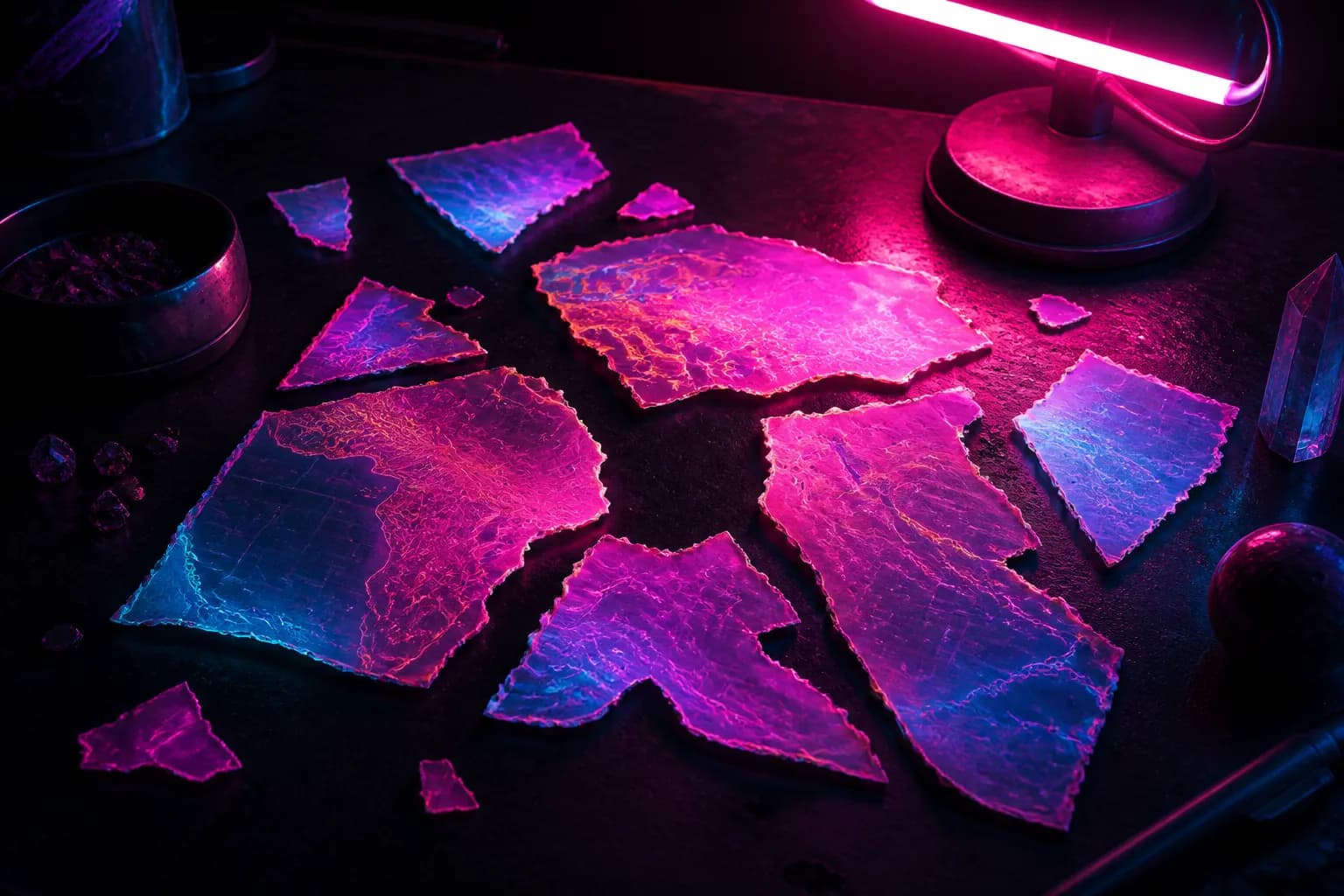 Torn glowing map fragments scattered across a dark table under a neon desk lamp, the scattered GTA 6 map leaks.