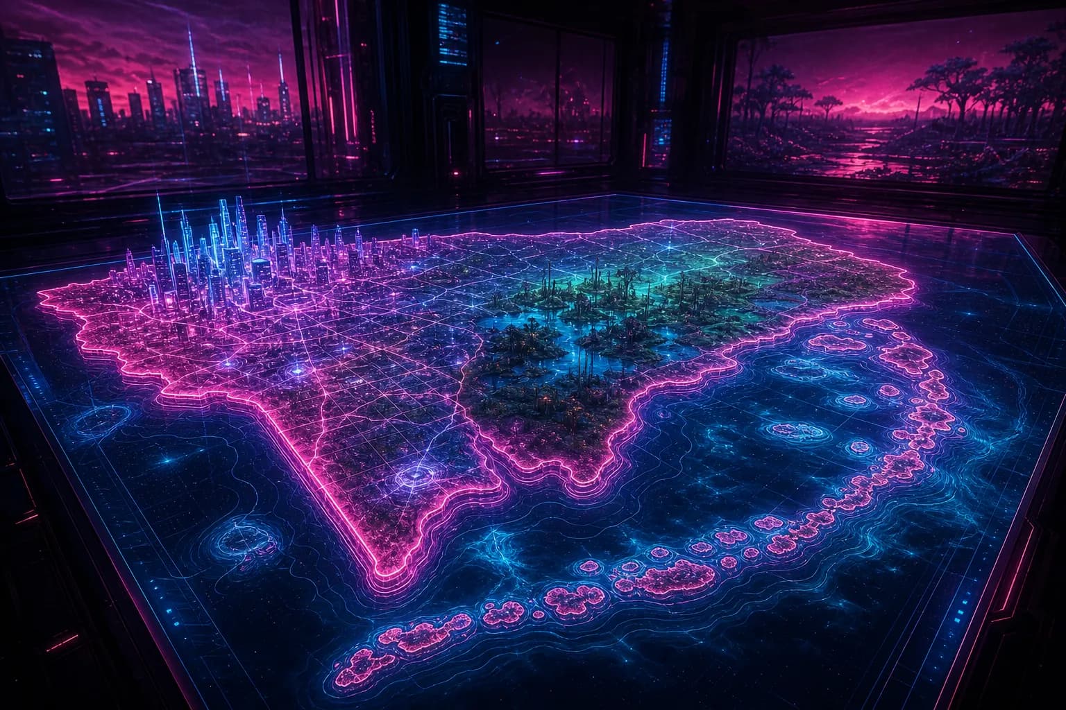A vast glowing map table of a neon state stretching from city towers to swampland, the scale of GTA 6's Leonida.