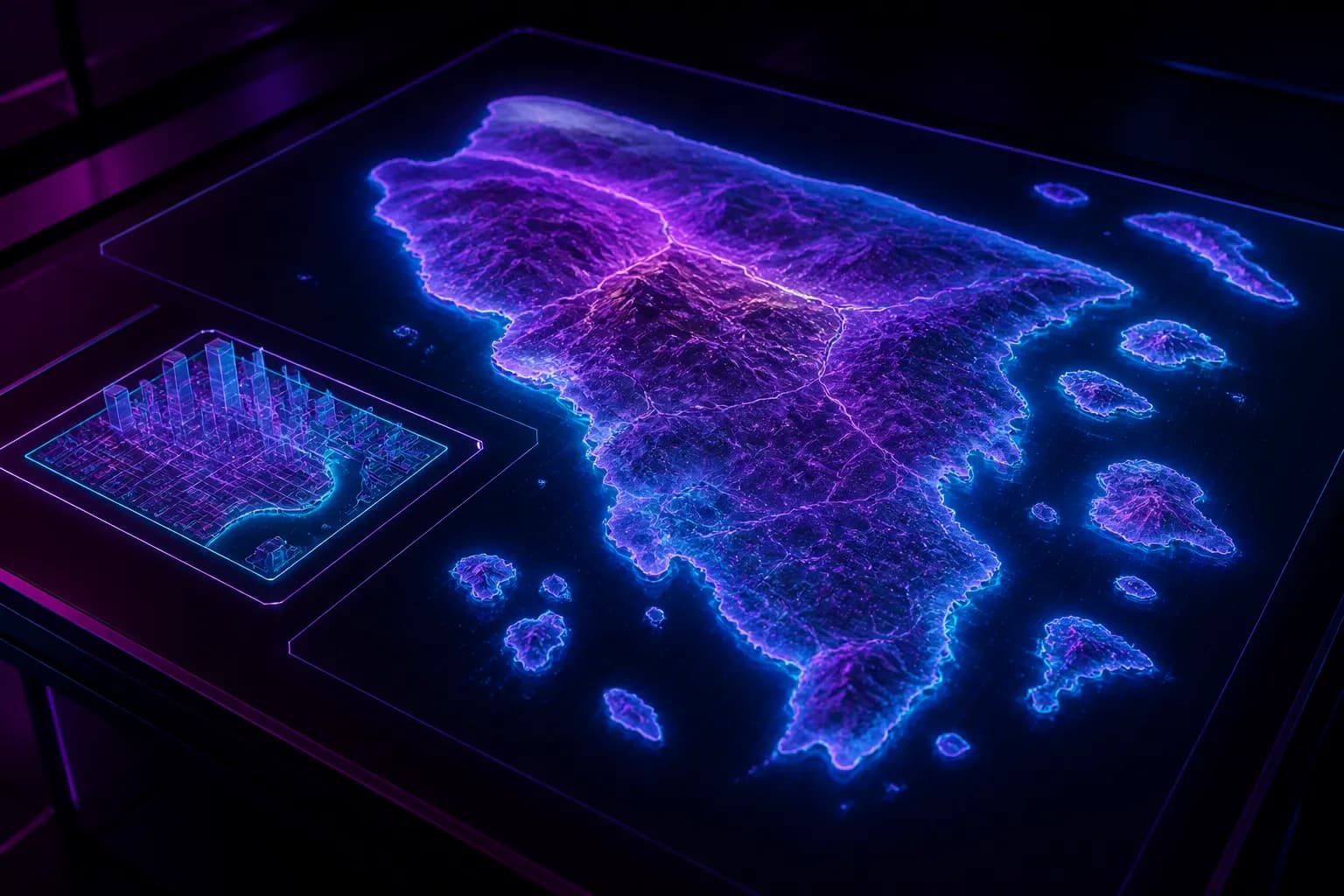 Two glowing holographic map tables side by side, a compact city grid and a sprawling neon state, GTA 5's world against GTA 6's.