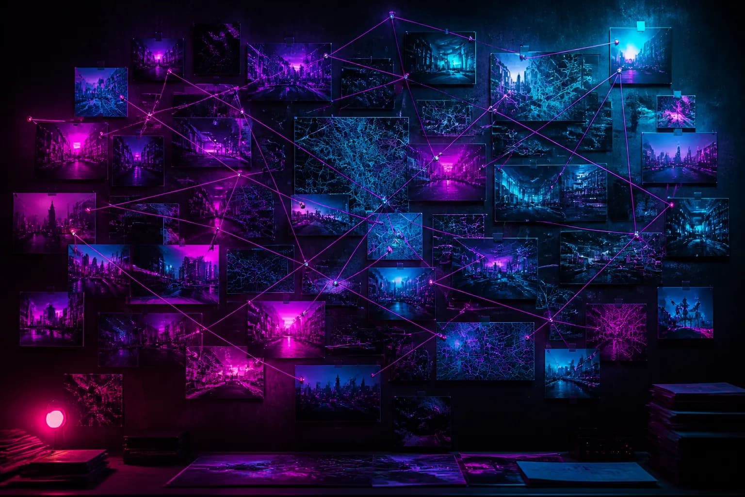 A wall of glowing screens and pinned map fragments connected by neon threads in a dark room, the fan effort mapping GTA 6.