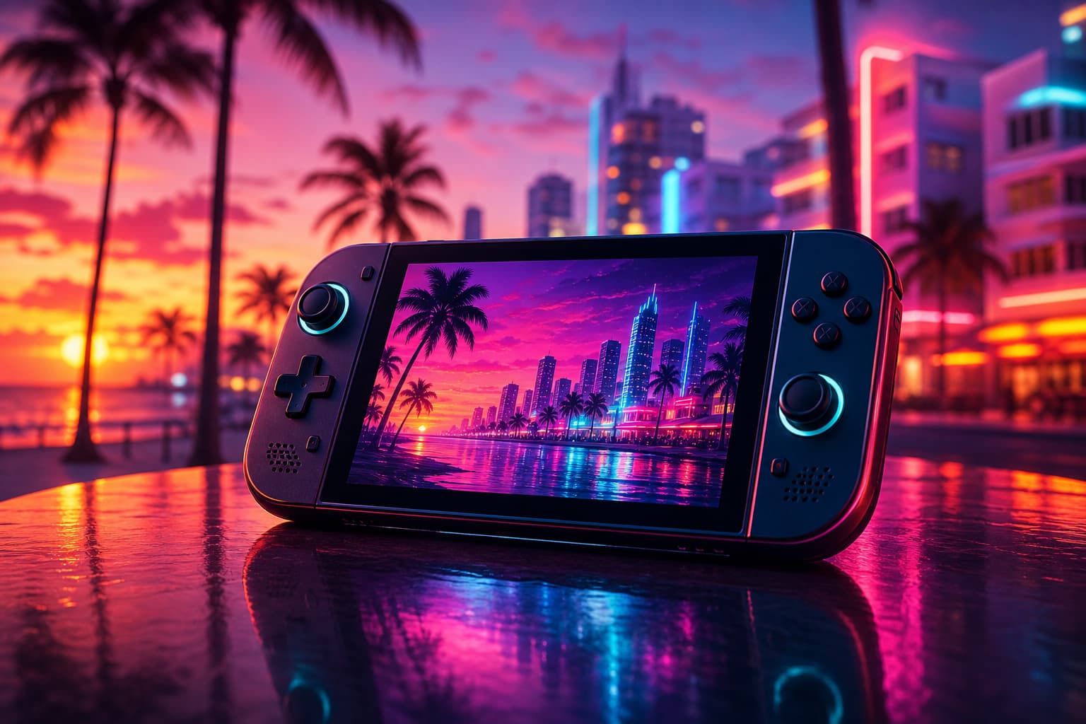 A modern handheld gaming console glowing on a table against a neon Vice City skyline, representing the question of GTA 6 on Nintendo Switch 2.