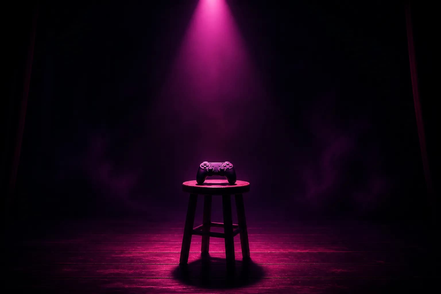 A single spotlight on a game controller resting on a stool on an empty dark stage, GTA 6's gameplay still unshown.