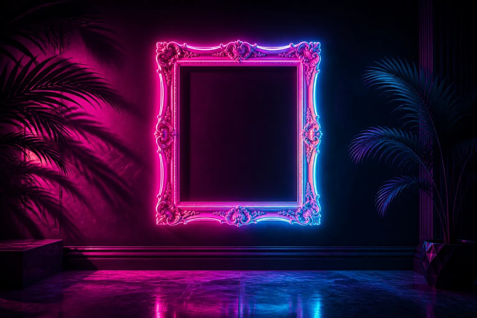 An empty glowing map frame on a dark gallery wall lit by neon, the GTA 6 official map still unrevealed.
