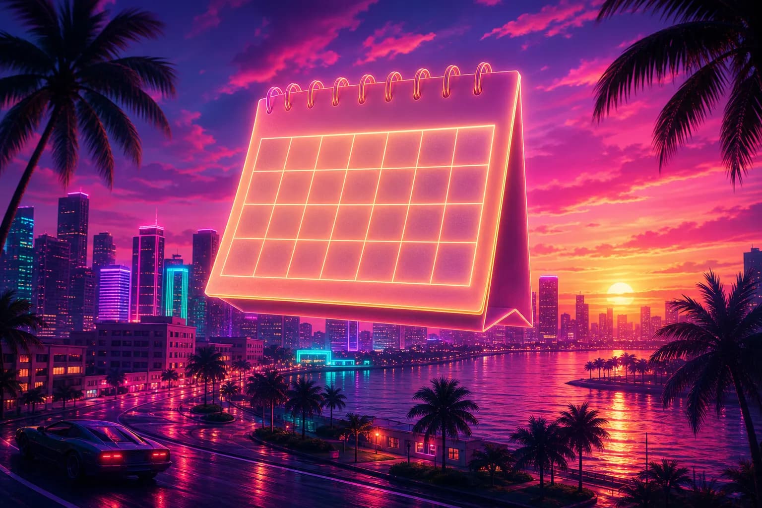 A neon-lit calendar page glowing against a Vice City sunset, marking the official GTA 6 release date.