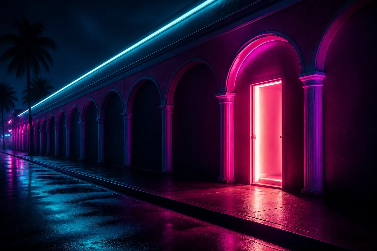 A single lit doorway in a dark neon arcade wall in Vice City, the question of GTA 6 Online on day one.