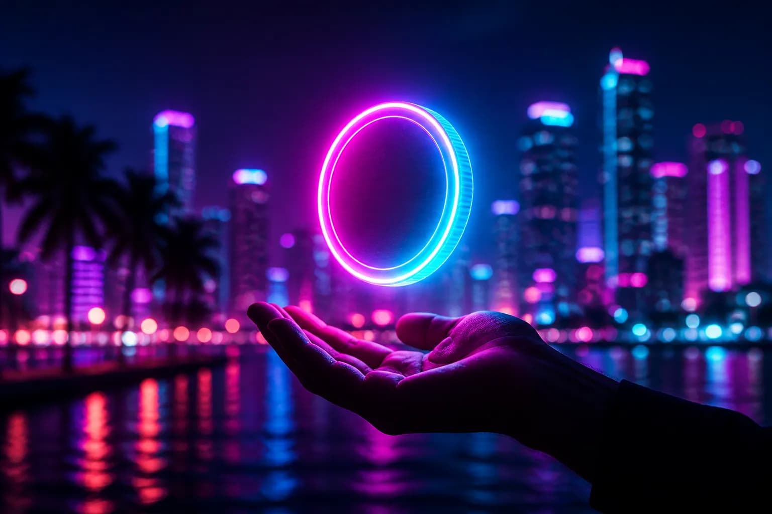 A glowing neon coin hovering above an open hand silhouette against Vice City lights, the cost of GTA 6 Online.