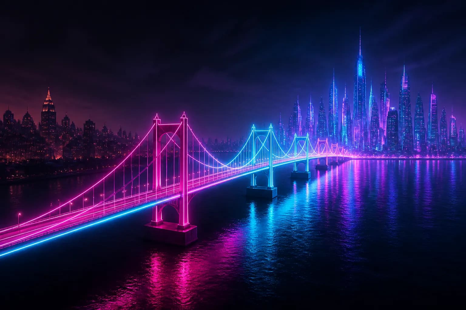 A neon bridge connecting an older city skyline to a brighter new one across dark water, GTA Online progress meeting GTA 6.