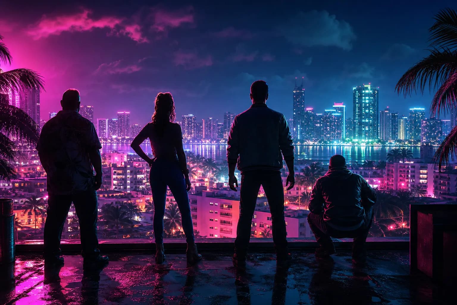 Four neon-lit figures silhouetted on a Vice City rooftop at night, evoking GTA 6's multiplayer future.