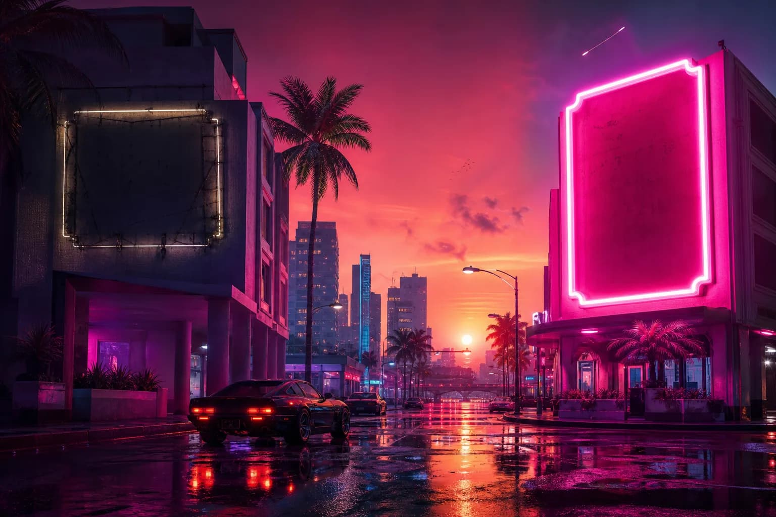 Two neon signs over a rain-slicked Vice City street, one fading and one bright, symbolizing GTA 6's old and new release dates.