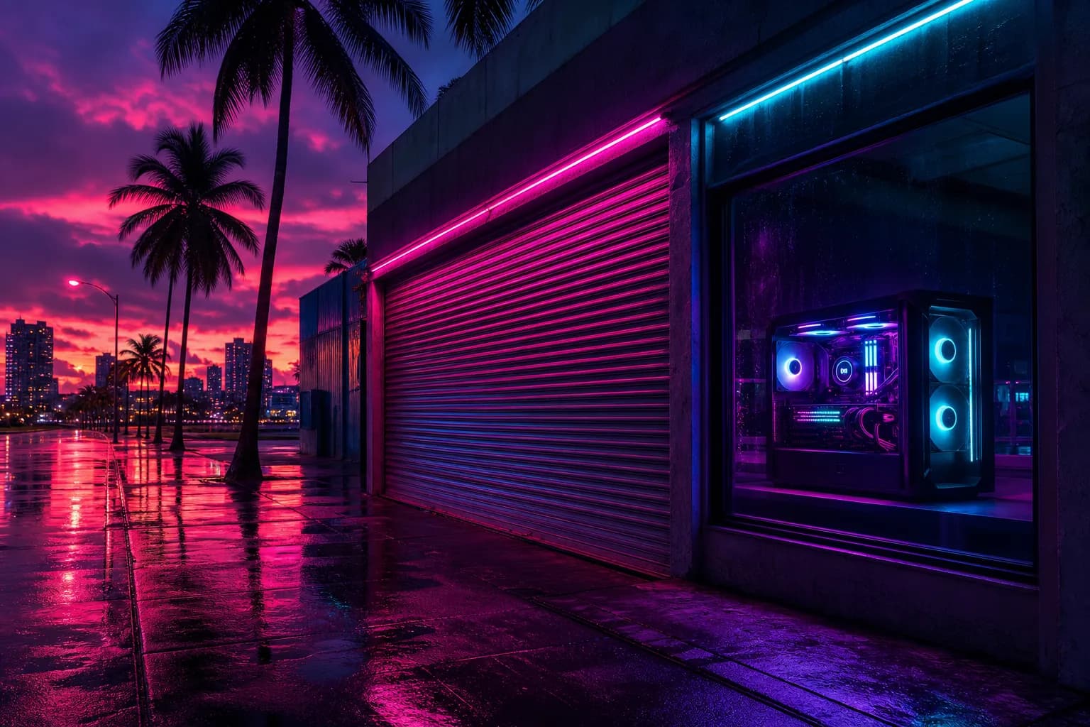 A closed neon shop shutter on a rainy Vice City street with a glowing gaming PC visible in the window, GTA 6 PC preorders not yet open.