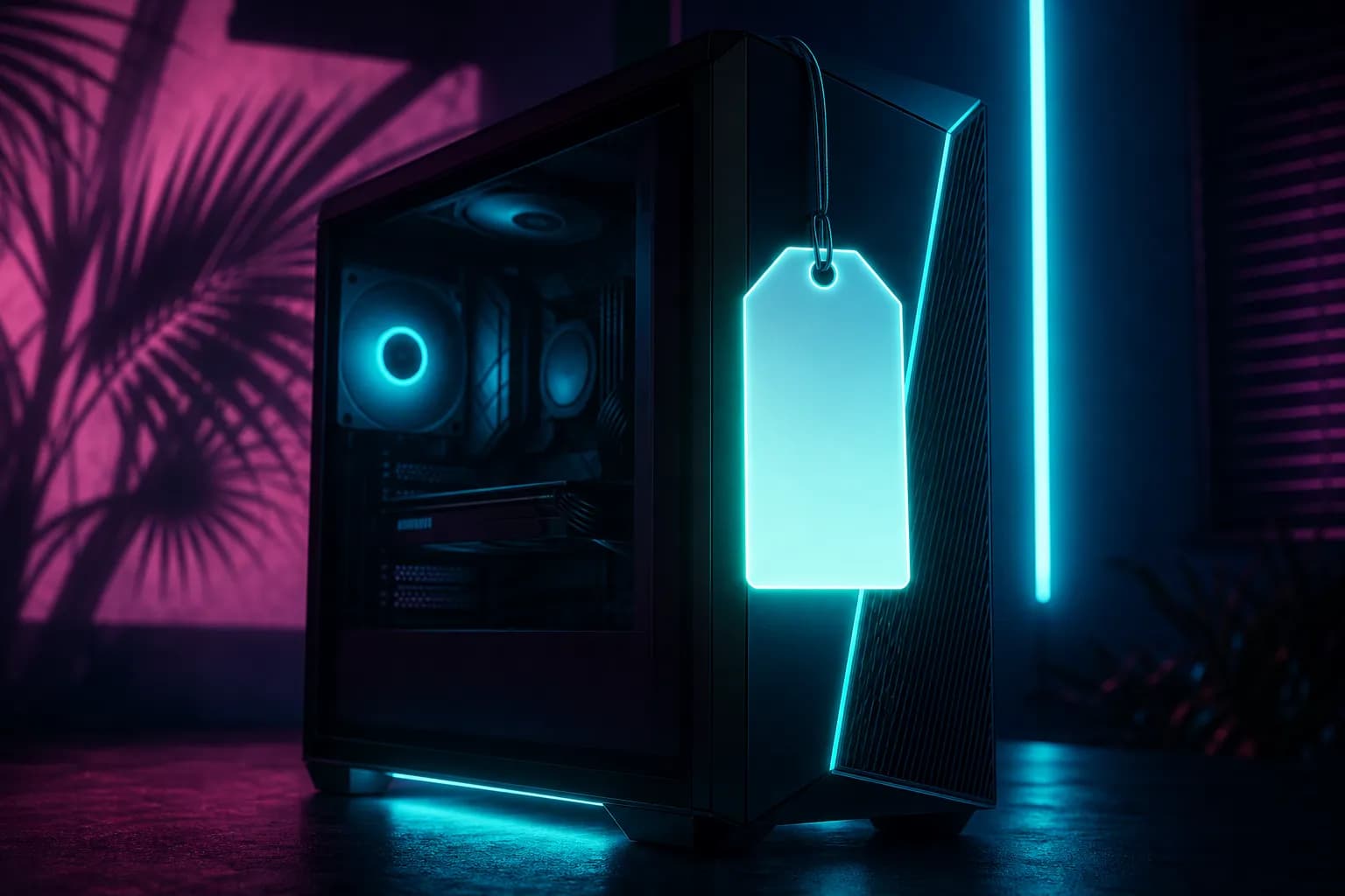 A blank glowing price tag resting on a dark gaming PC tower lit by cyan neon, the GTA 6 PC price still unknown.