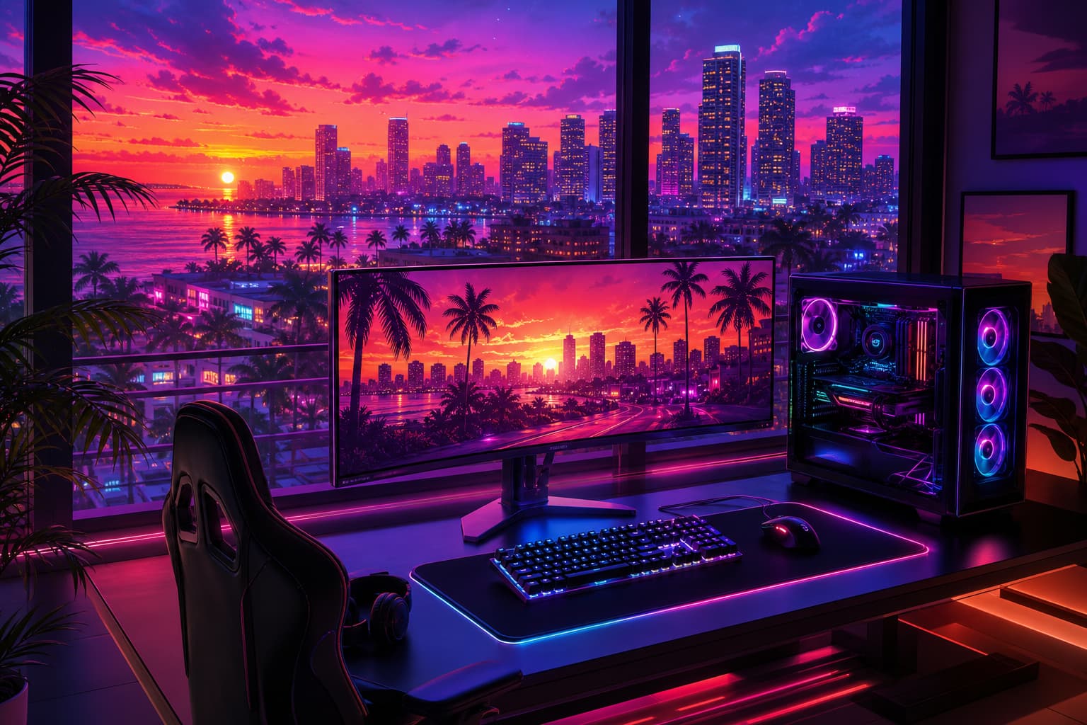 A high-end gaming PC on a desk overlooking a neon Vice City skyline, representing the GTA 6 PC release date.