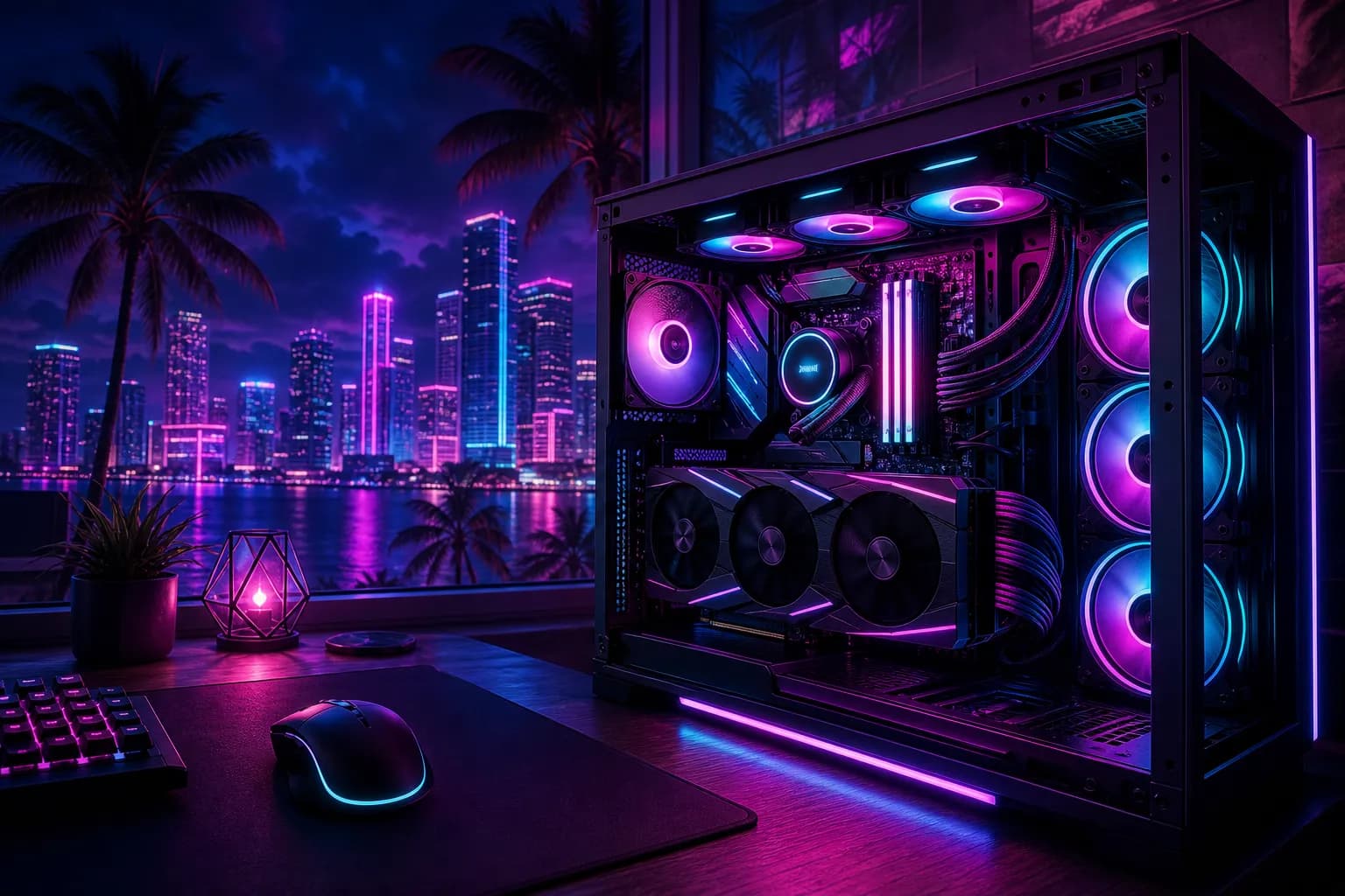 An open gaming PC tower with glowing neon components on a desk overlooking a Vice City skyline, anticipating GTA 6's PC requirements.