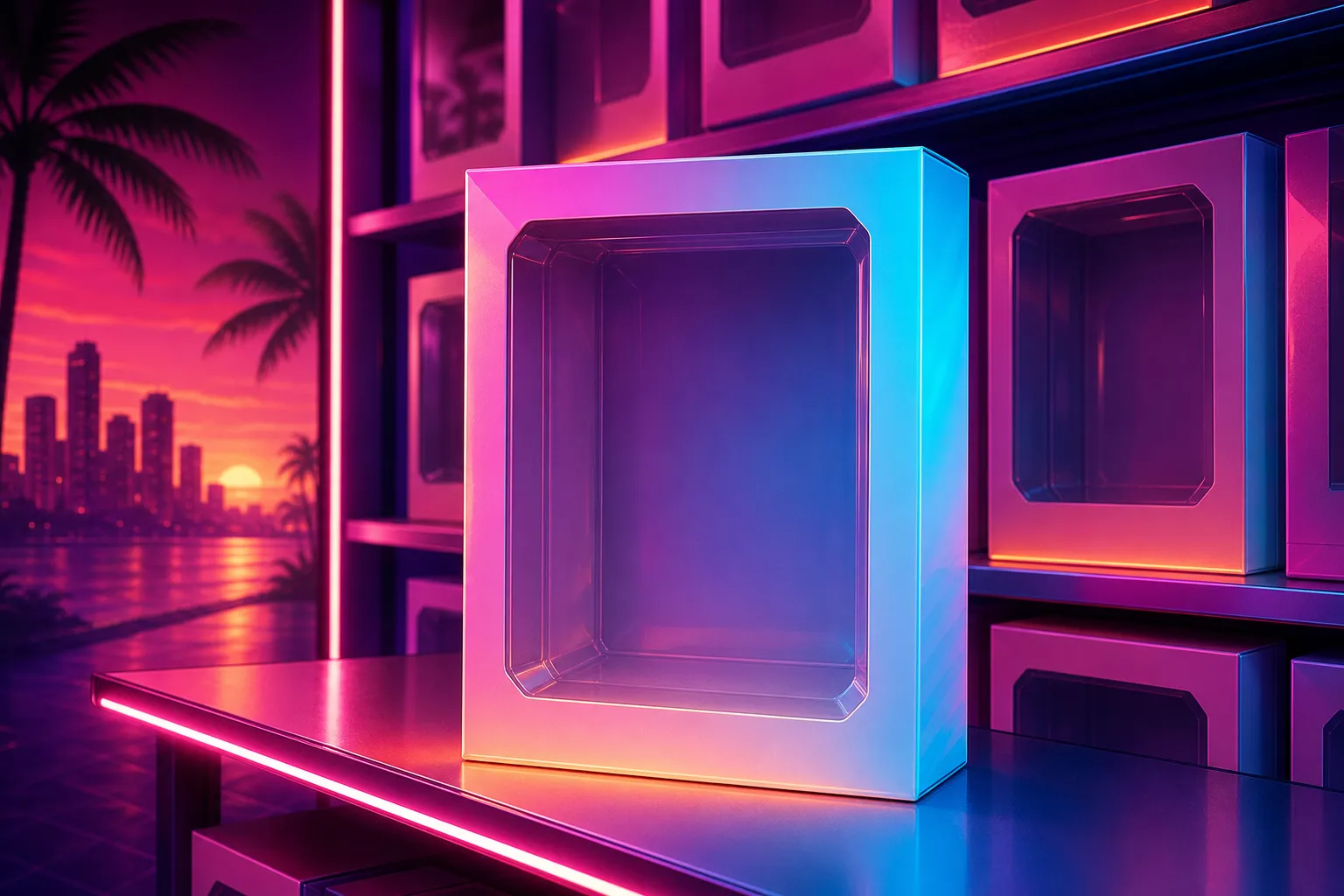 A collectible game box glowing under neon light on a store shelf in Vice City colors, the GTA 6 physical edition.