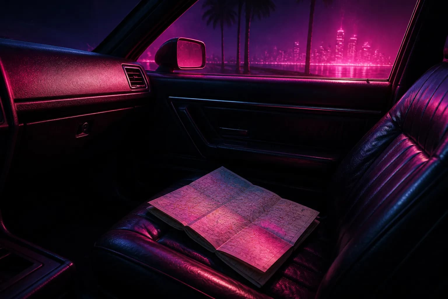 A folded paper map resting on a car seat lit by pink neon through the window, the GTA 6 physical map question.