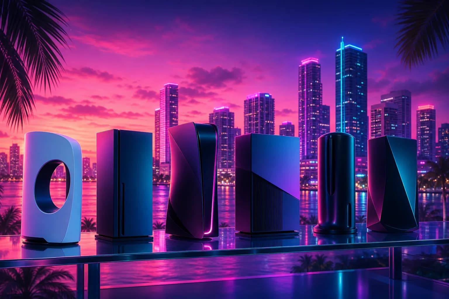 A row of abstract glowing game consoles on a glass shelf against a neon Vice City skyline, representing GTA 6's platforms.