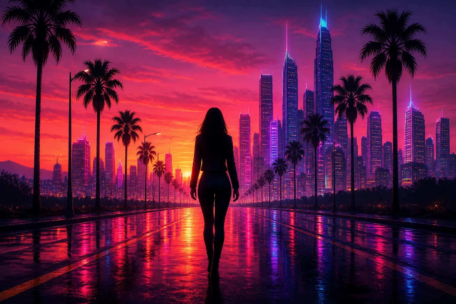 A silhouetted woman walking toward a glowing neon city skyline at dusk, the playable heart of GTA 6.