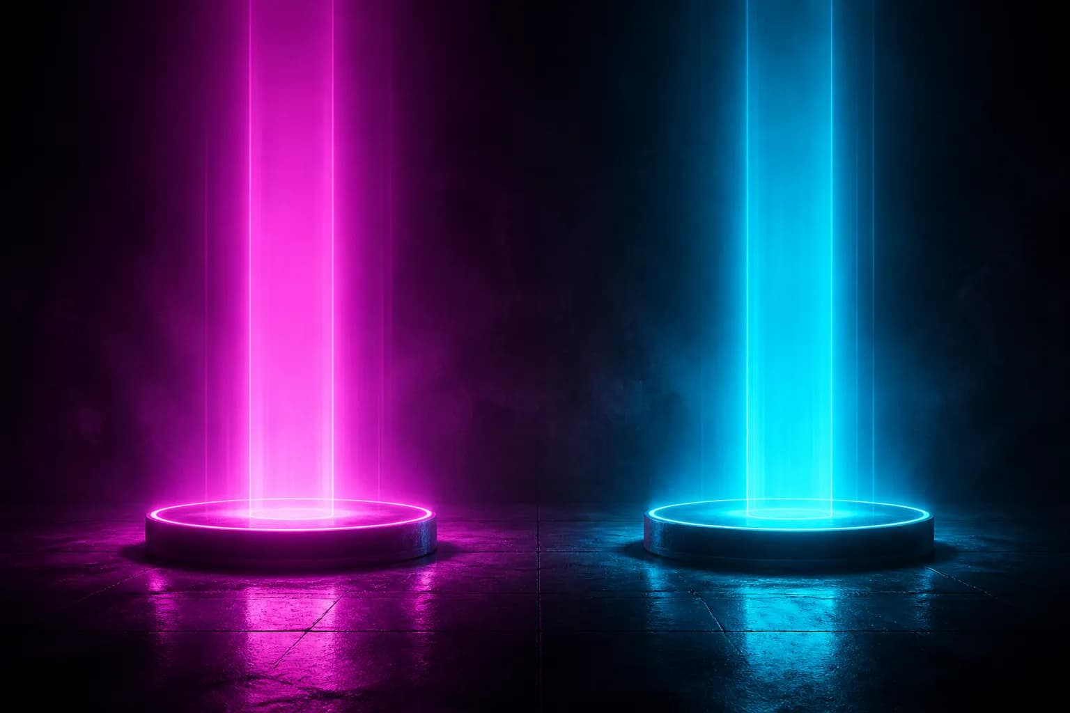 Two glowing pedestals of light standing side by side in a dark neon room, GTA 6's two playable protagonists.