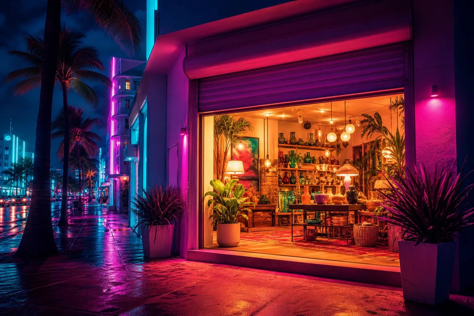 A brightly lit shop window glowing on a Vice City street at night with the shutter raised, GTA 6 pre-orders open now.
