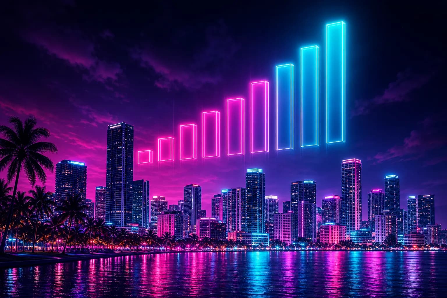 A glowing neon bar chart rising over a Vice City skyline at night, charting GTA 6's record pre-order demand.