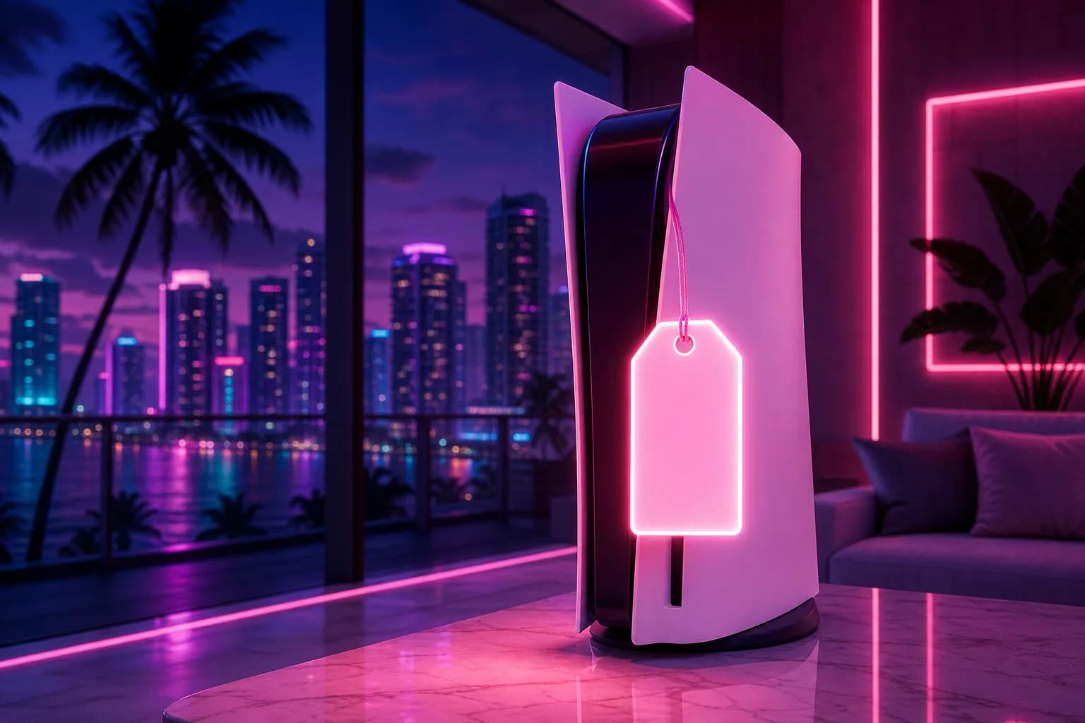 A blank glowing price tag hanging beside a sleek white console under magenta neon, the GTA 6 PS5 price.