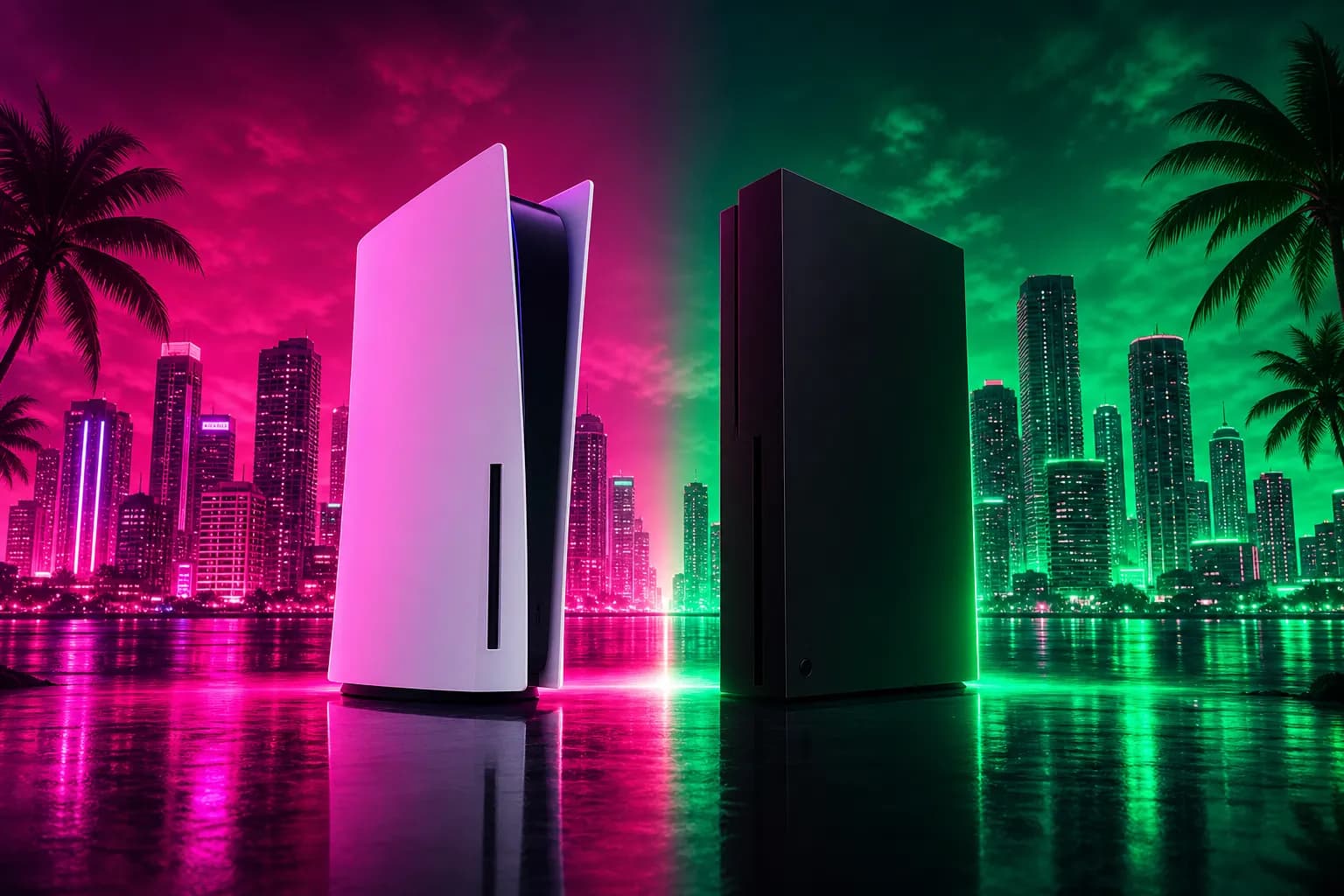 A white console and a black console facing each other on a split magenta and green neon backdrop, PS5 versus Xbox for GTA 6.