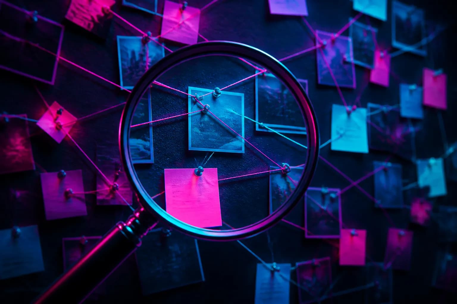 A magnifying glass held over a glowing wall of pinned notes and threads in neon light, judging GTA 6 rumors.