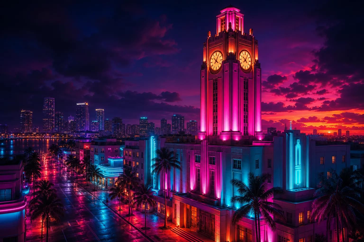 A neon clock tower glowing over a Vice City boulevard at midnight, evoking the GTA 6 launch hour.