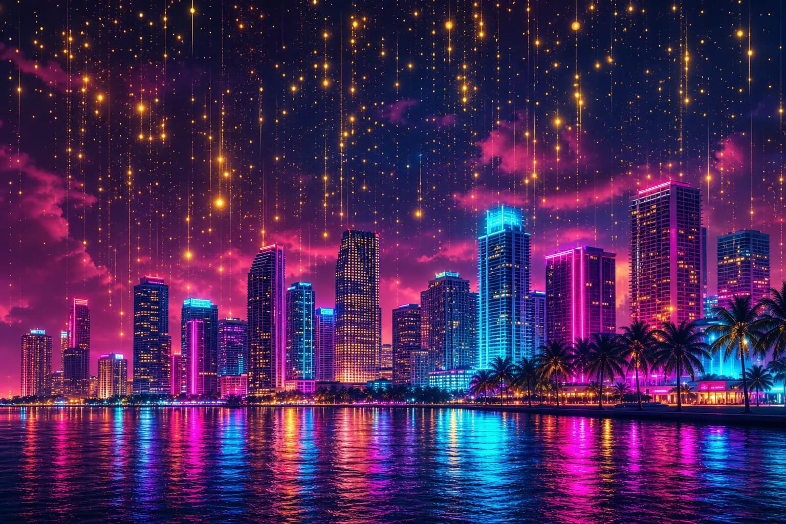 Golden light raining over a neon Vice City skyline at night, the revenue wave GTA 6 is predicted to make.