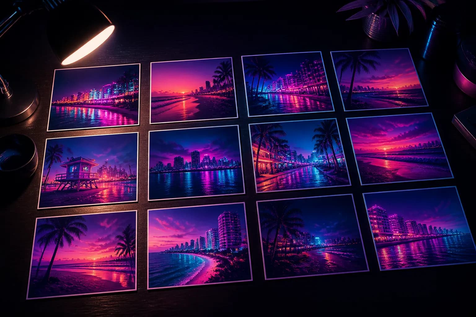 A grid of glowing photograph prints spread across a dark table, the official GTA 6 screenshot collection.
