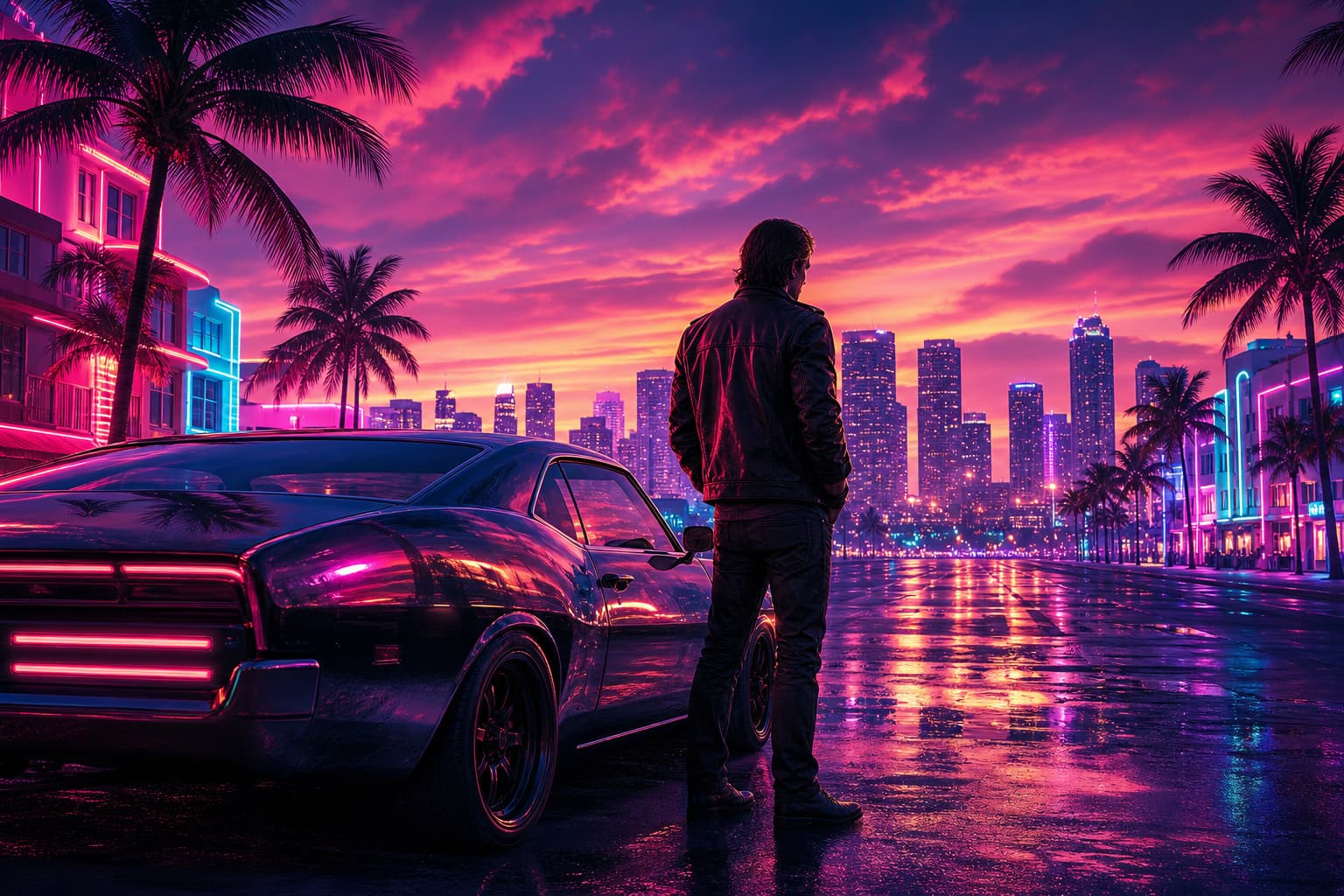 A lone figure beside a muscle car on an empty neon Vice City boulevard, representing GTA 6's single-player experience.