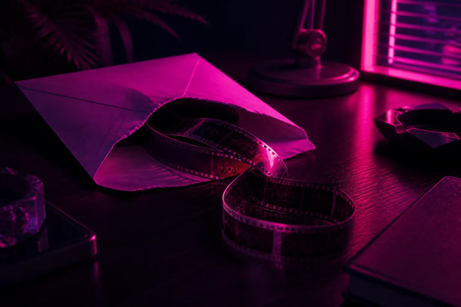 A film strip spilling out of a torn envelope glowing under neon light on a dark desk, the leaked GTA 6 trailer.