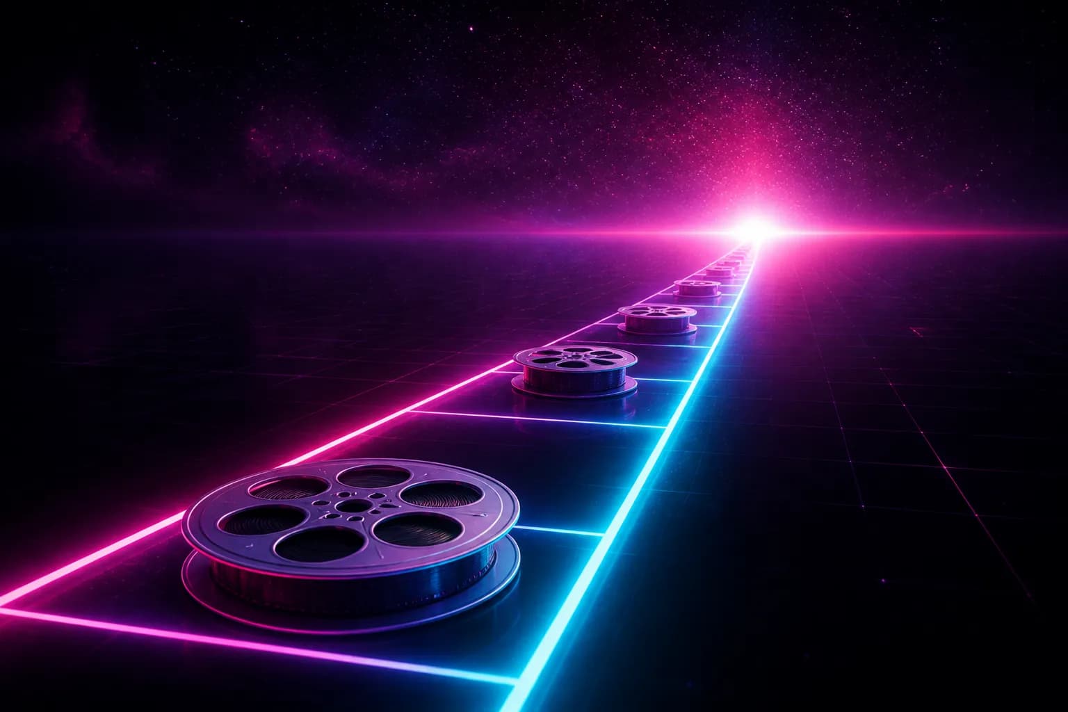 Film reels spaced along a glowing neon timeline stretching toward a bright horizon, GTA 6's trailer release history.