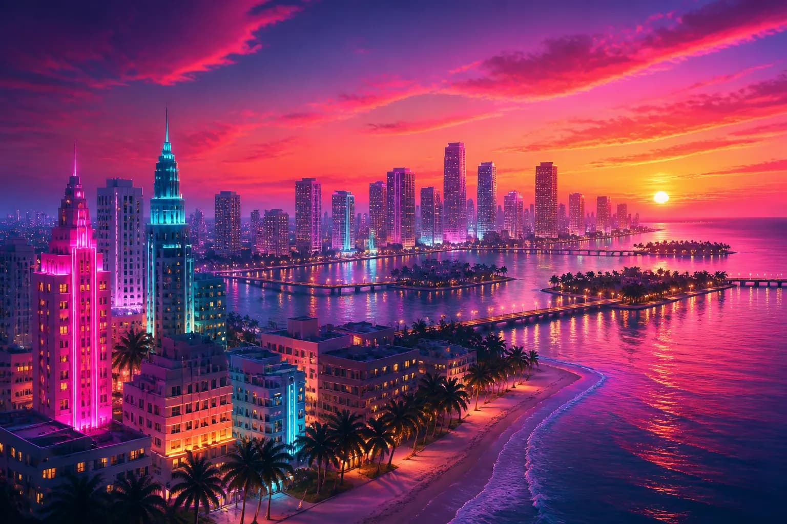 A sweeping panorama of a neon beach metropolis at dusk, towers and palms glowing magenta and cyan, GTA 6's Vice City.