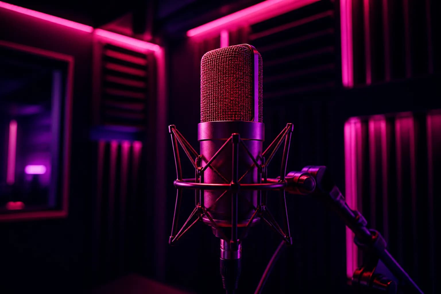 A studio microphone glowing under magenta neon in a dark recording booth, the unrevealed voices of GTA 6.