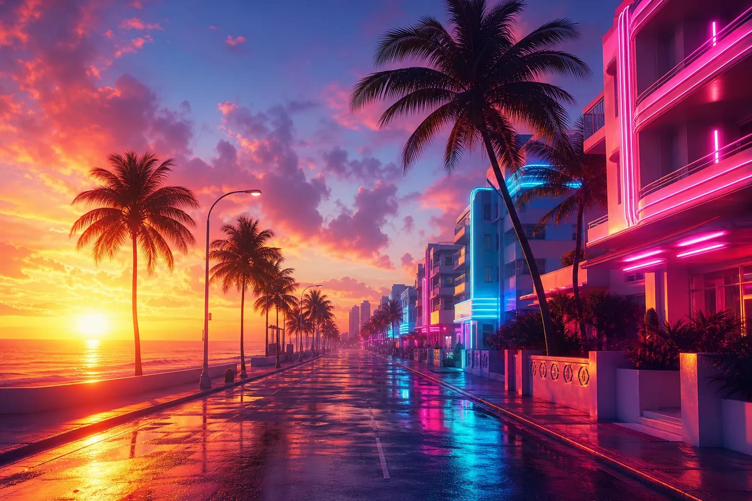 Sunrise breaking over an ocean boulevard lined with palms and neon signs, evoking GTA 6's launch morning in Vice City.