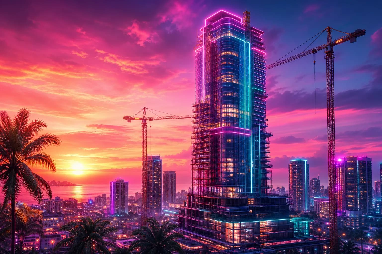 Construction cranes over a nearly finished neon skyscraper against a Vice City sunset, symbolizing GTA 6's final polish.