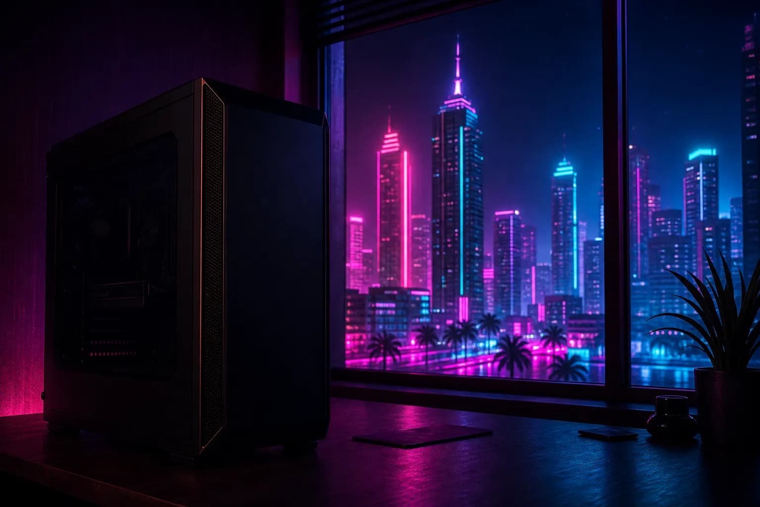 A dark gaming PC tower sitting unlit beside a window glowing with neon Vice City light, waiting for GTA 6's PC release.