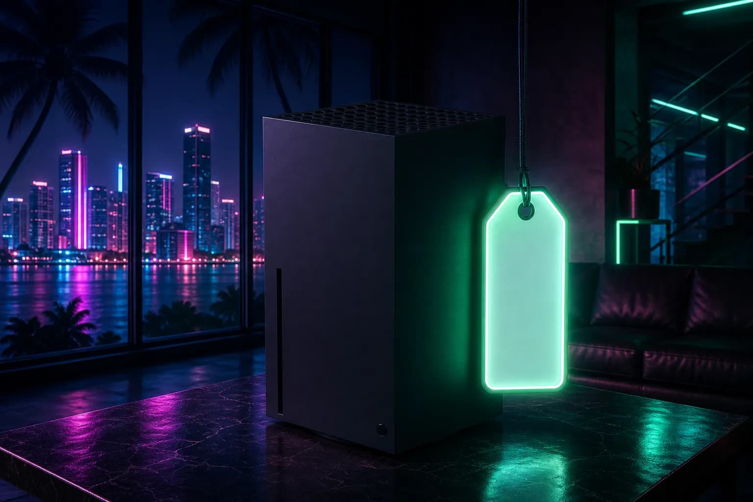 A blank glowing price tag hanging beside a matte black console under green and cyan neon, the GTA 6 Xbox price.