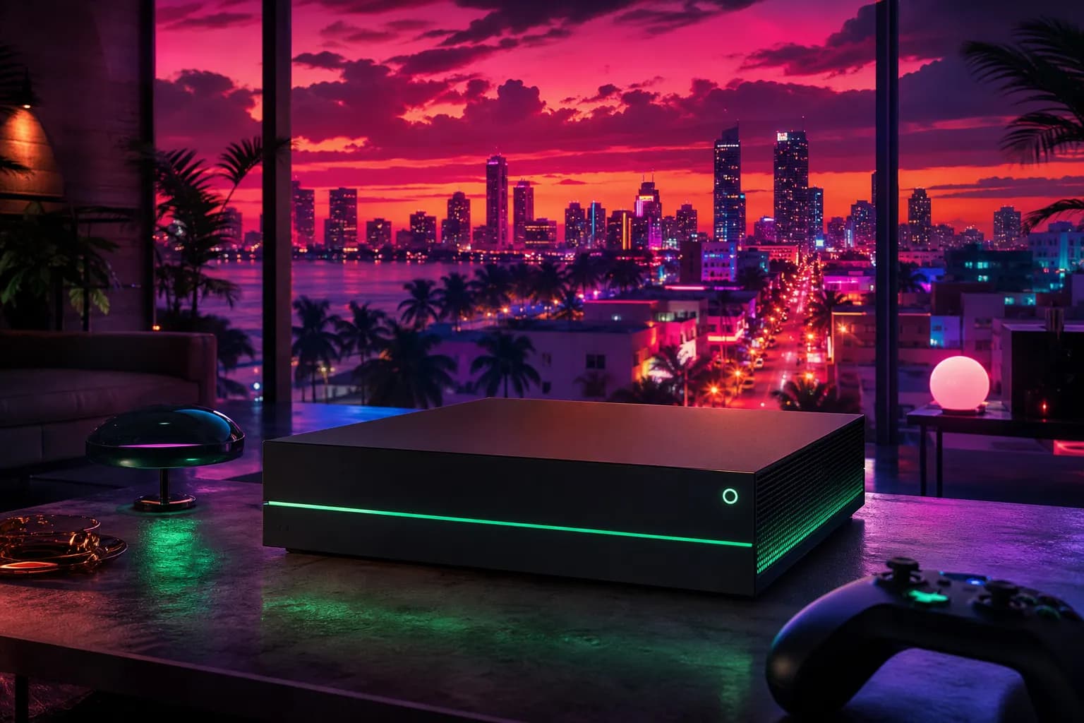 A matte black game console under green and cyan neon in a Vice City loft, marking GTA 6's Xbox launch.