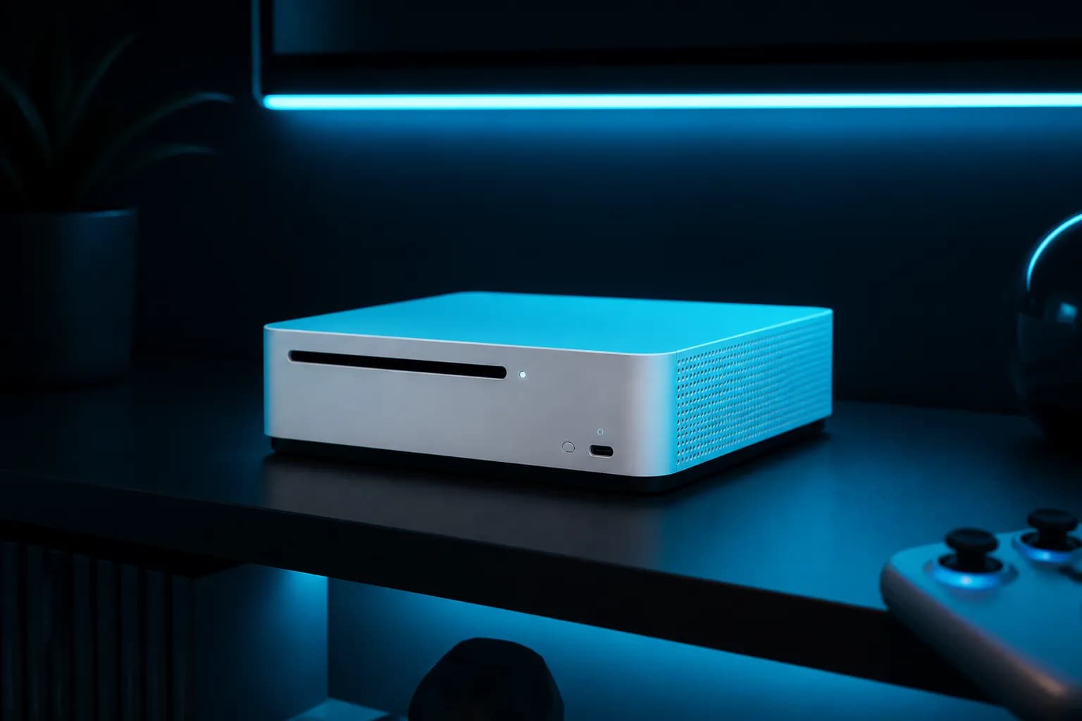 A compact white console under soft cyan neon in a dark room, the Series S facing GTA 6's demands.